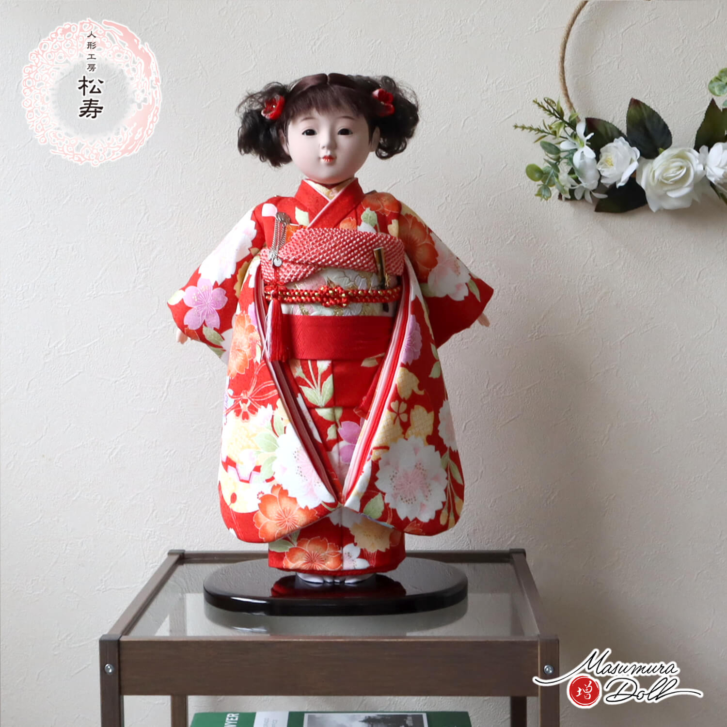 新作 市松人形 小出松寿作10号 京友禅「桜尽くし」赤衣装 かわいい