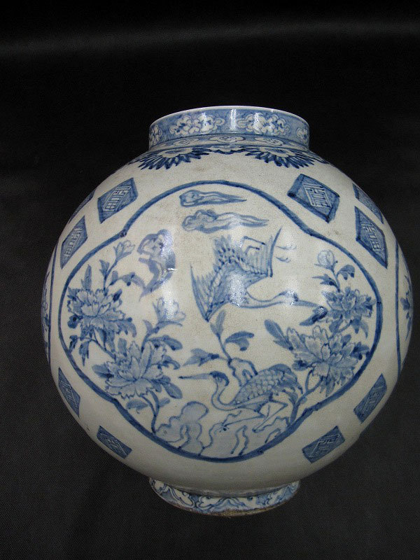 李朝染付 雲鶴長生文 徳利 壺 高22.8cm 李朝鶴首徳利 大胆な銅直しも