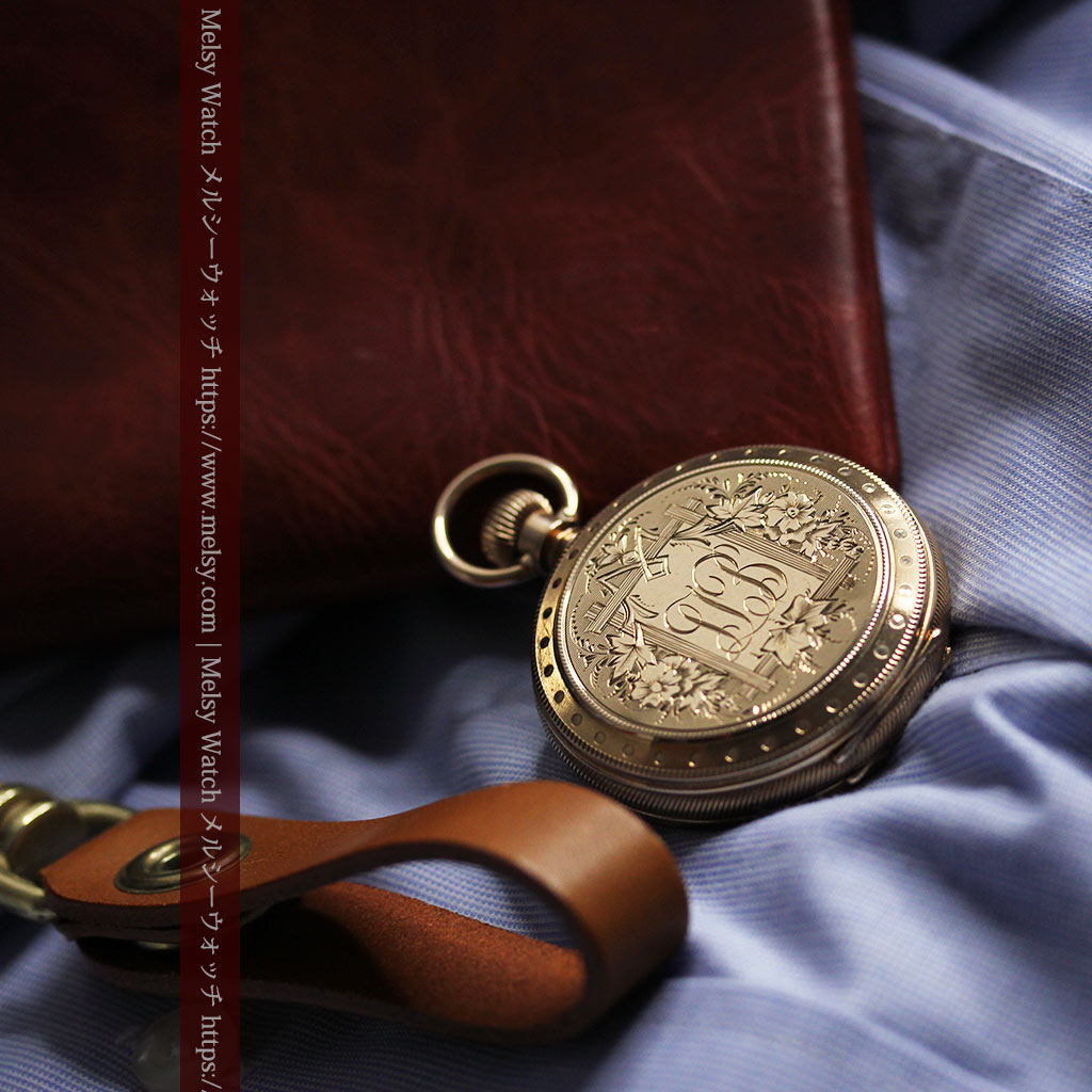 鷺/水鳥と花の彫り ウォルサムの金無垢懐中時計 【1887年頃】