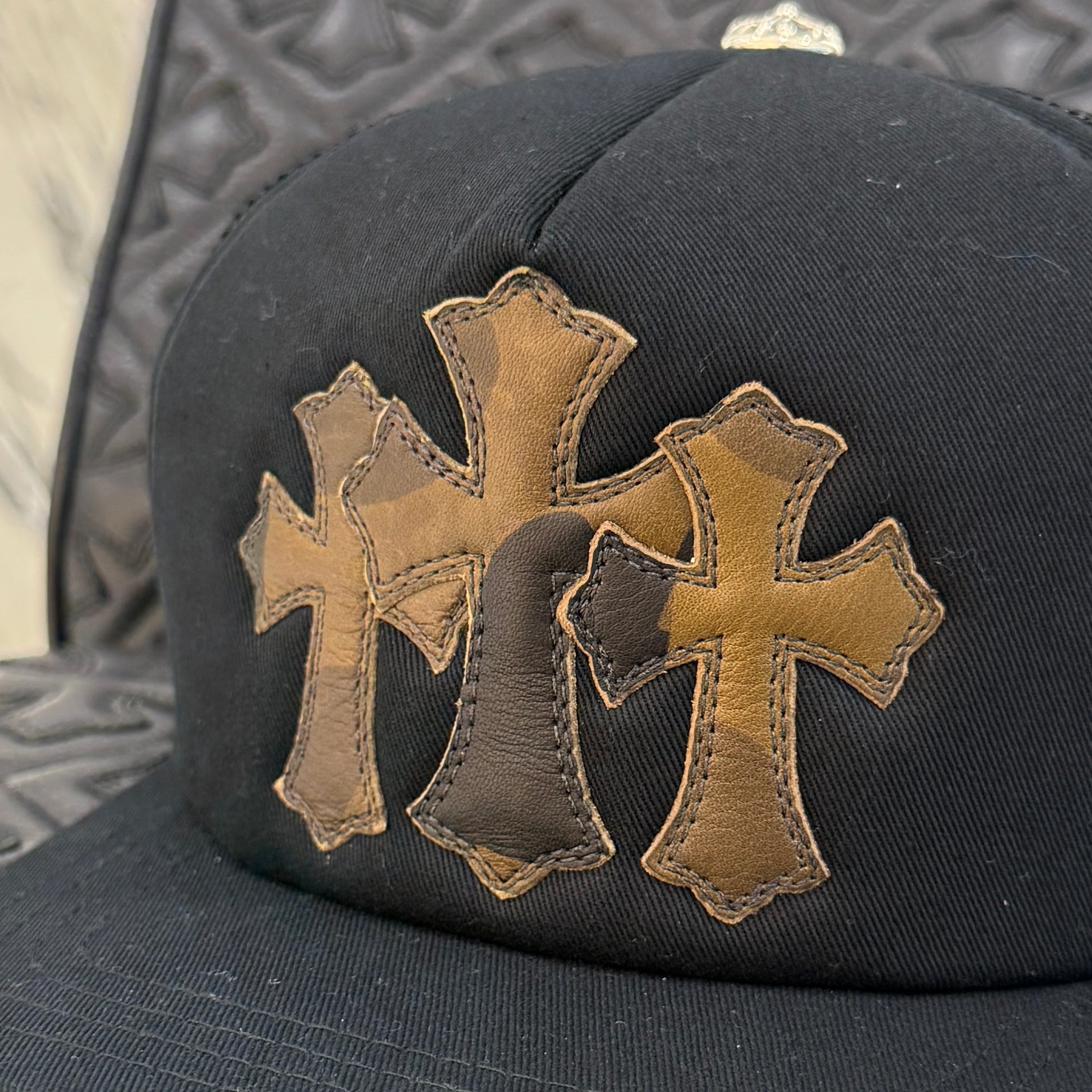 CHROME HEARTS Camo Triple Cross Leather Patch Trucker Cap ONE SIZE