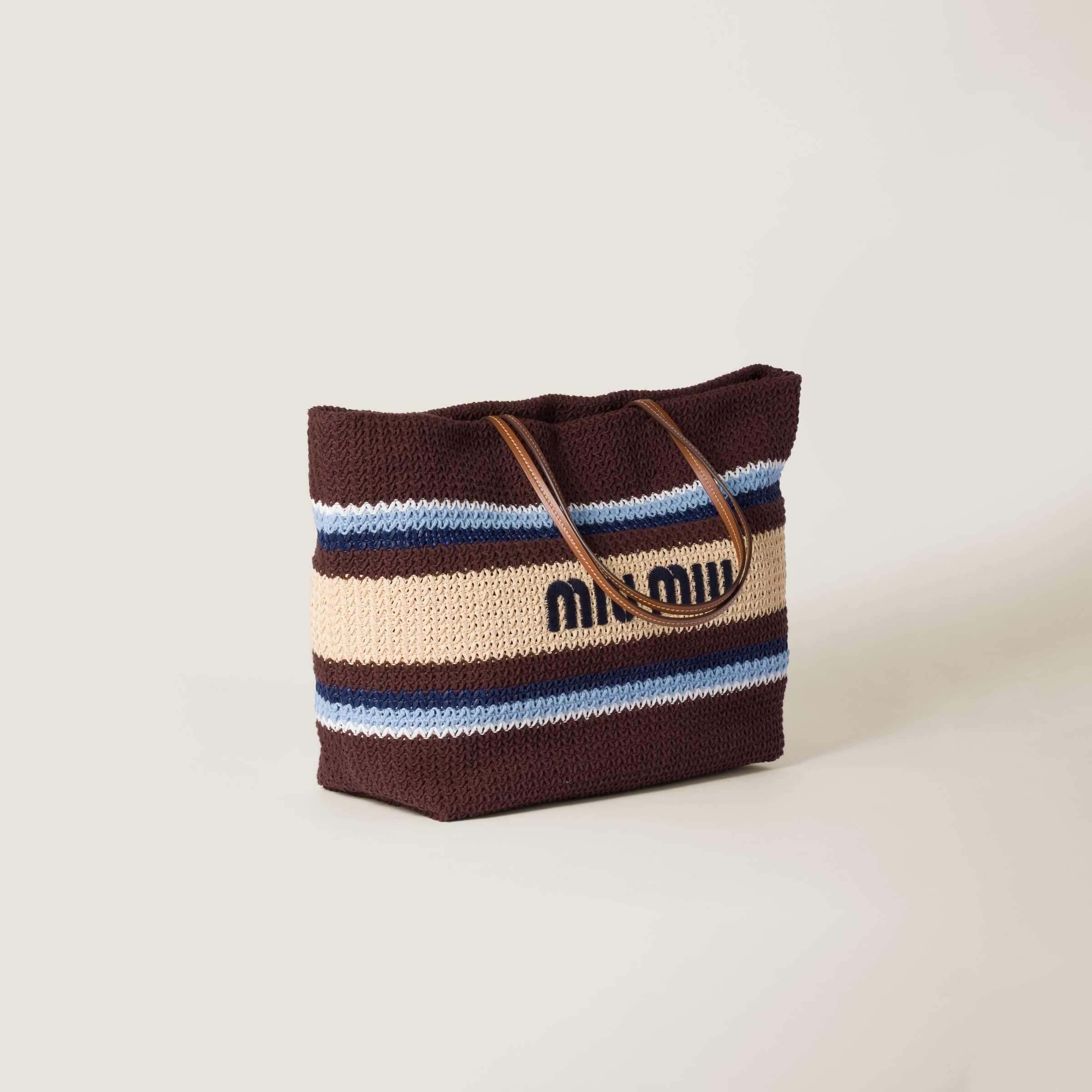 Cocoa Brown/celeste/natural Raffia-effect Woven Tote Bag | Miu Miu