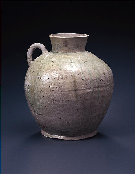 灰釉陶の持ち手付き壺 木箱付き 漢時代灰釉双耳壷花入れ 灰釉刻文双耳