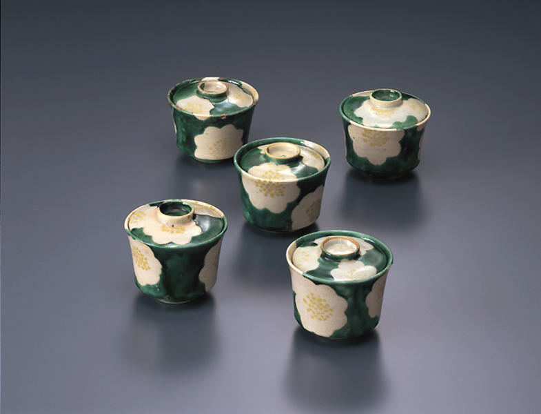 痴陶人作 色絵緑釉金箔蓬莱文 花瓶 と同作 色絵カナリヤ文向付