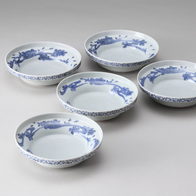 江戸前期 染付 菊流水紋 葉型小皿