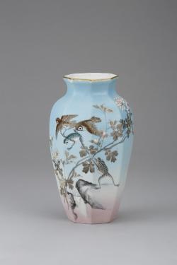 △敬逢△明治時代『竹内忠兵衛』作 石目焼(シャークスキン技法) 花鳥