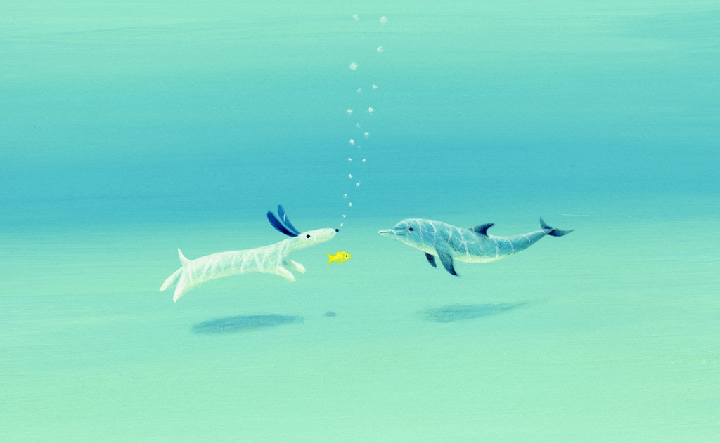 絵画 葉 祥明 「ジェイクとうみねこ」 動物 額装 ヒーリングアート