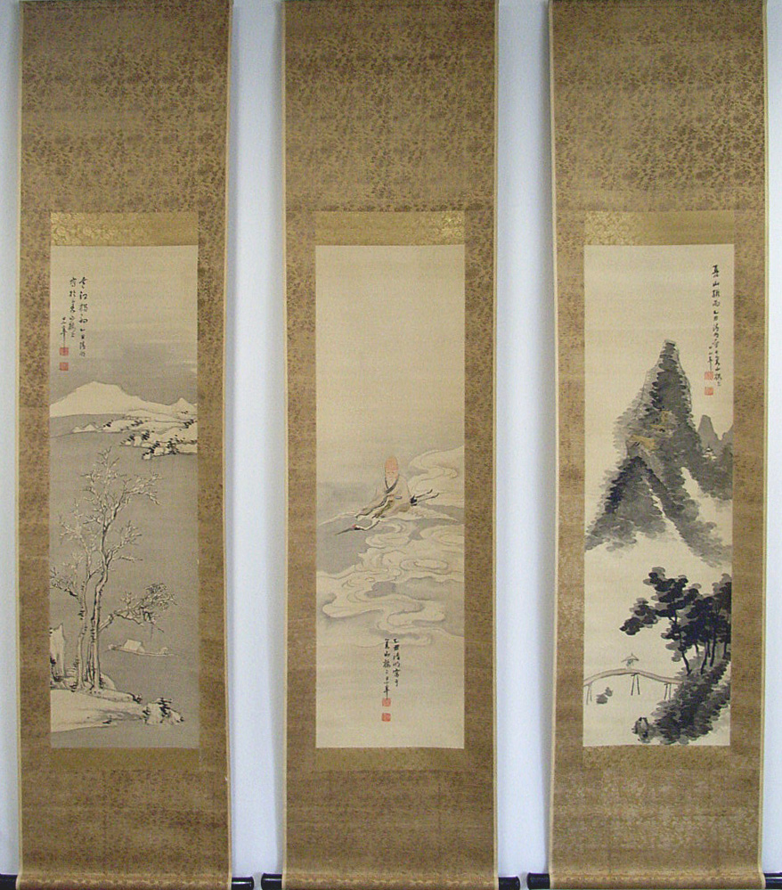 真作】龍岳/青緑閑居農夫之図/掛軸/名家伝来/AA-913 真