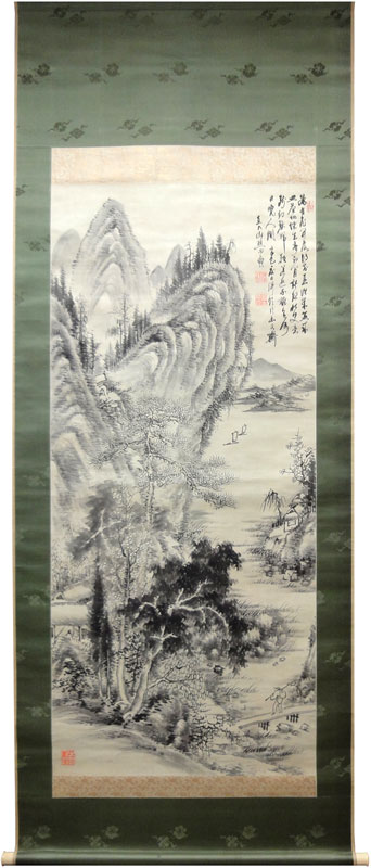 真作/田能村直入/山水人物画賛/山水図/水墨山水図/掛軸/名家伝来AE-390