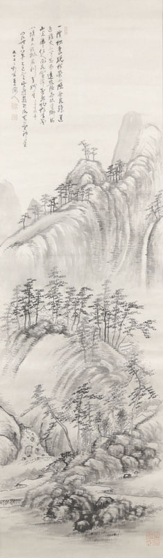 野村雪江 絹本着色 【 秋の瀑布図 】 合箱 肉筆 掛軸一幅 模写 190