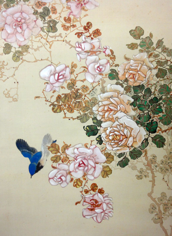 薔薇小禽図】新村友畝 2695 バラ 掛け軸 肉筆 共箱 荒木十畝