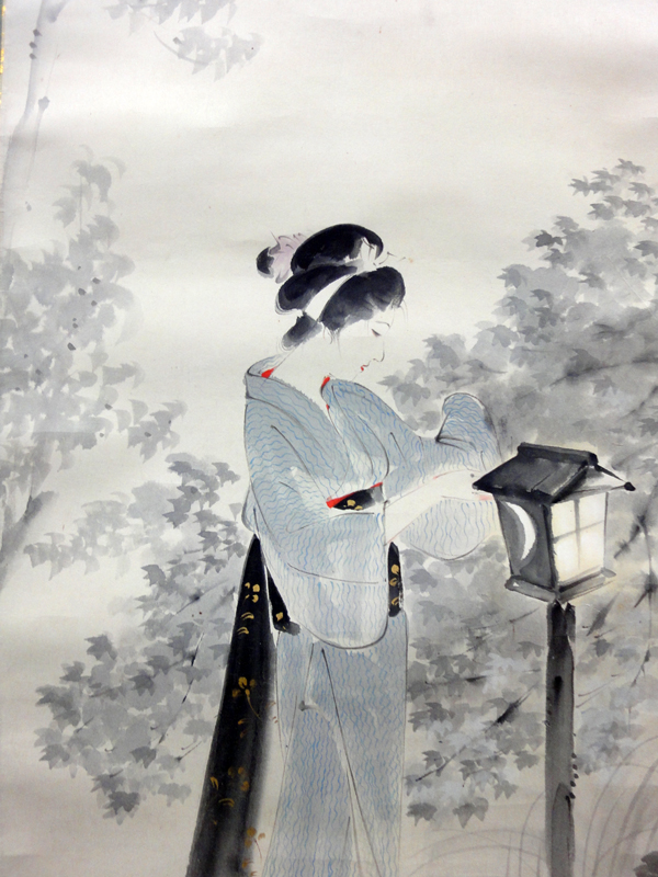 稀少 ヴィンテージ 山川秀峰 昭和風俗美人 『花』 美人画 着物 紙本