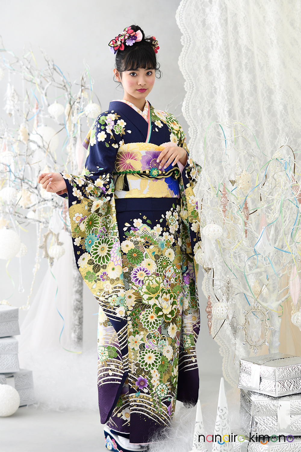 ニコニコ ♡ 振袖フルセット（7点） 正絹振袖 成人式 クリーニング済