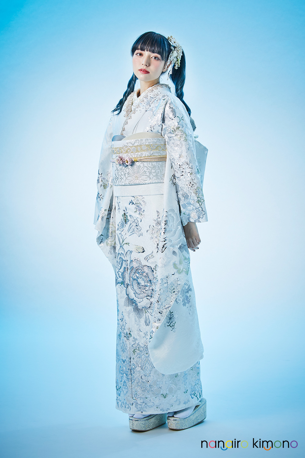 特価！ 振袖 フルセット 帯 華模様 水色 紫 k2 黒紫華河 | 振袖