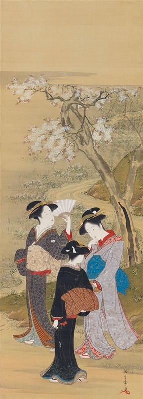 真作】掛軸 艶やか美人画 花魁図 桜と花魁の華やぎ 二重箱入（合箱