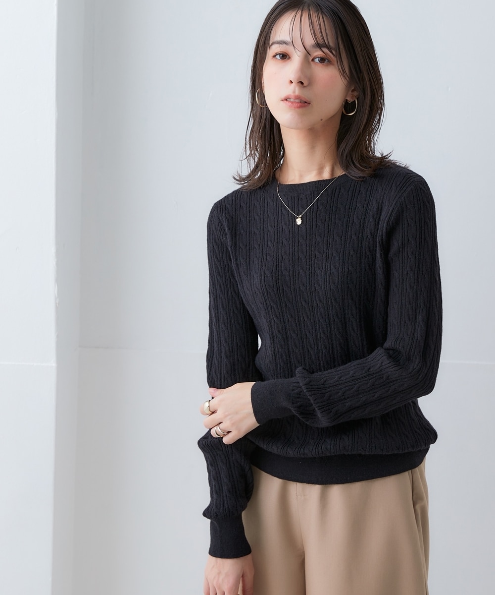 ムースタッチニット柄編みクルーネックトップス（静電気防止・毛玉防止