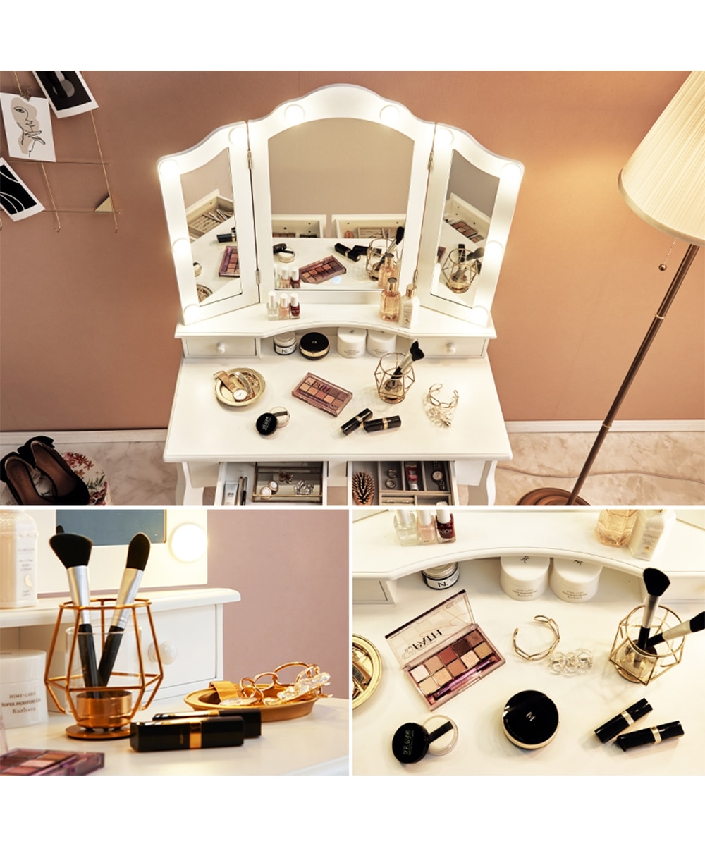 LEDライト付きも選べる引き出し付き猫脚三面鏡ドレッサー（スツール