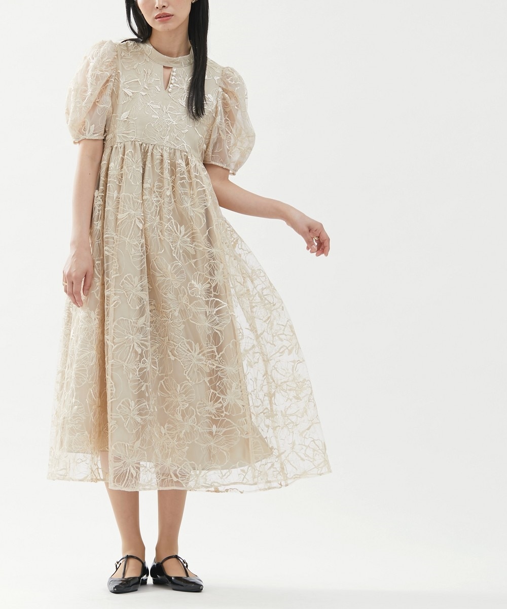 結婚式・パーティー・オケージョンドレス】刺しゅうレースウエスト切替