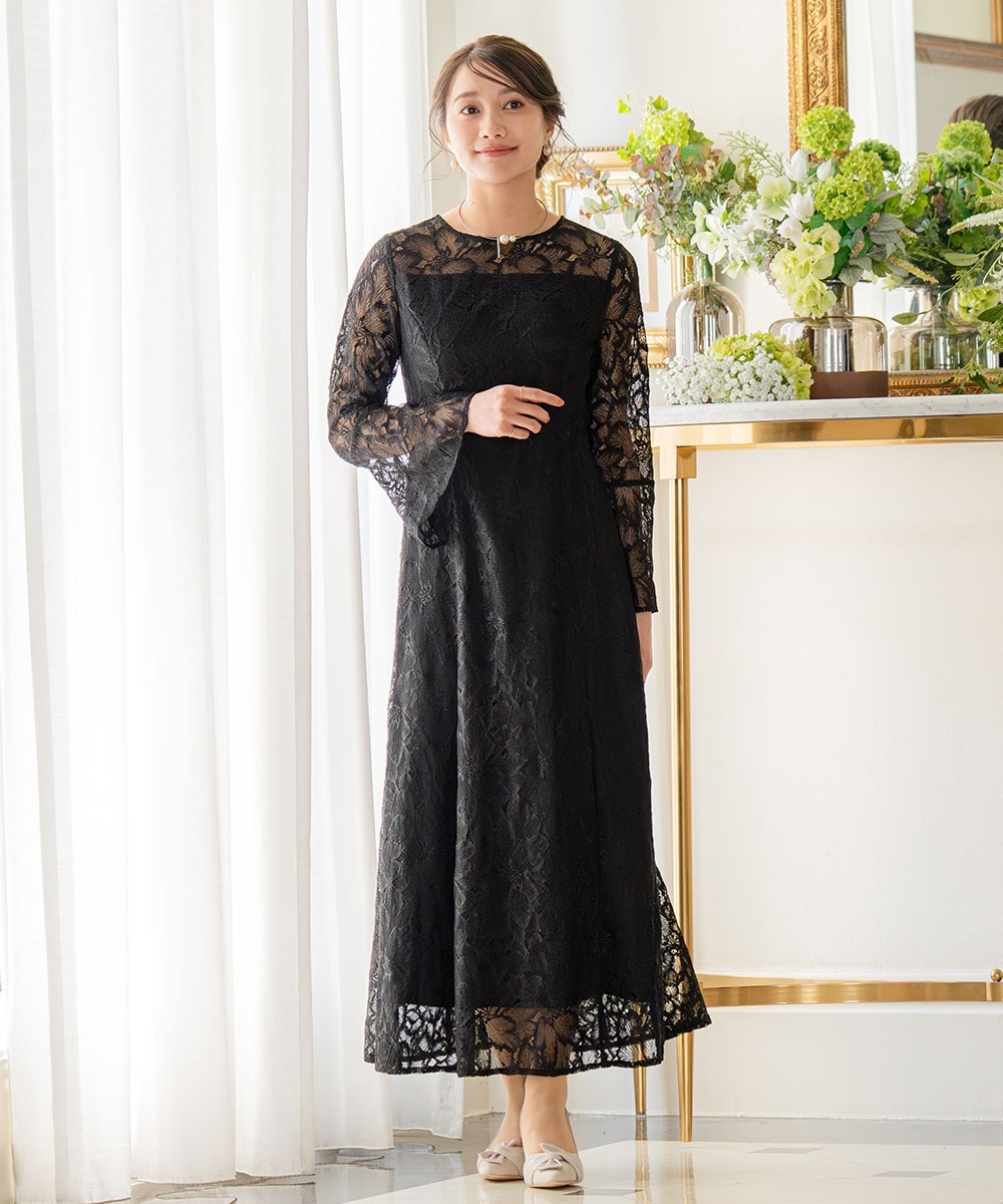 パイピングハイネック花柄ラメレースワンピースドレス結婚式パーティー