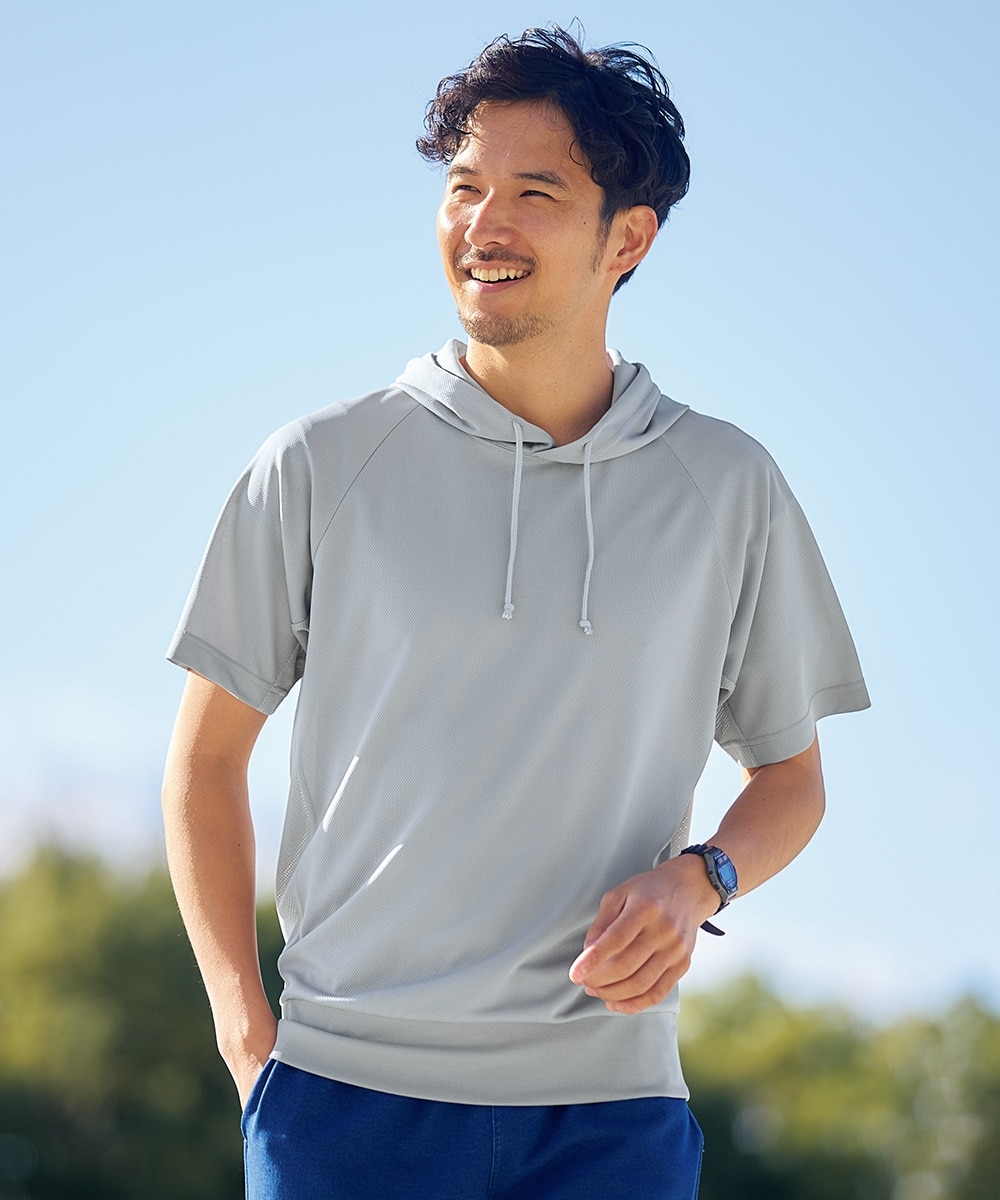 メッシュ半袖プルパーカー【大きいサイズ有】 【細見え設計】 吸汗速乾