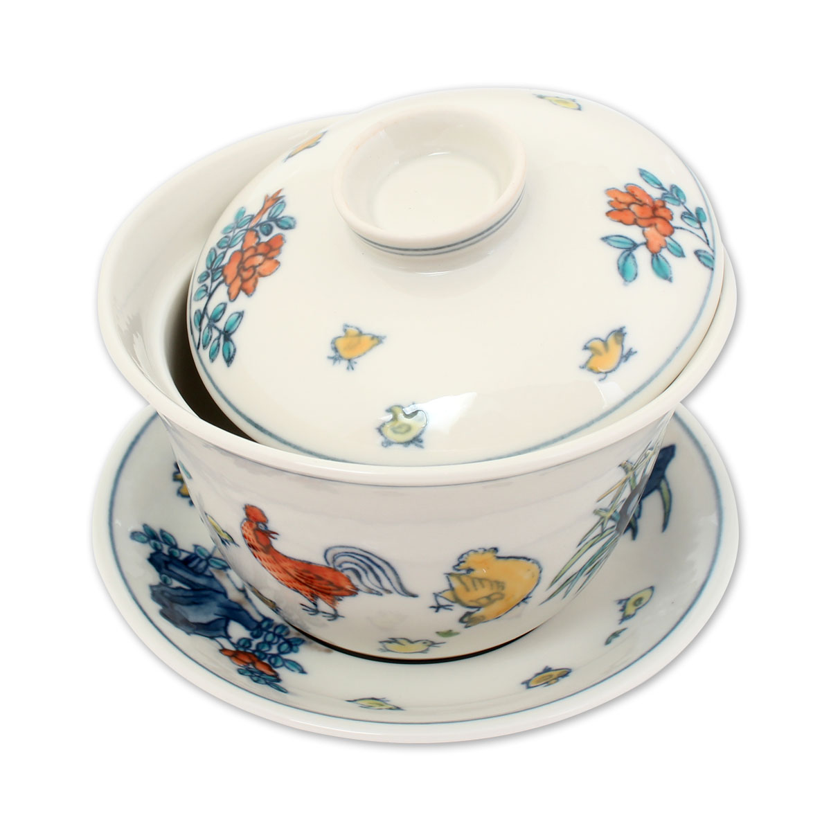 苺大福 骨董 蓋茶碗 青地4つ 朱地2つ 合計6つ 茶碗 蓋物 - 生活骨董と