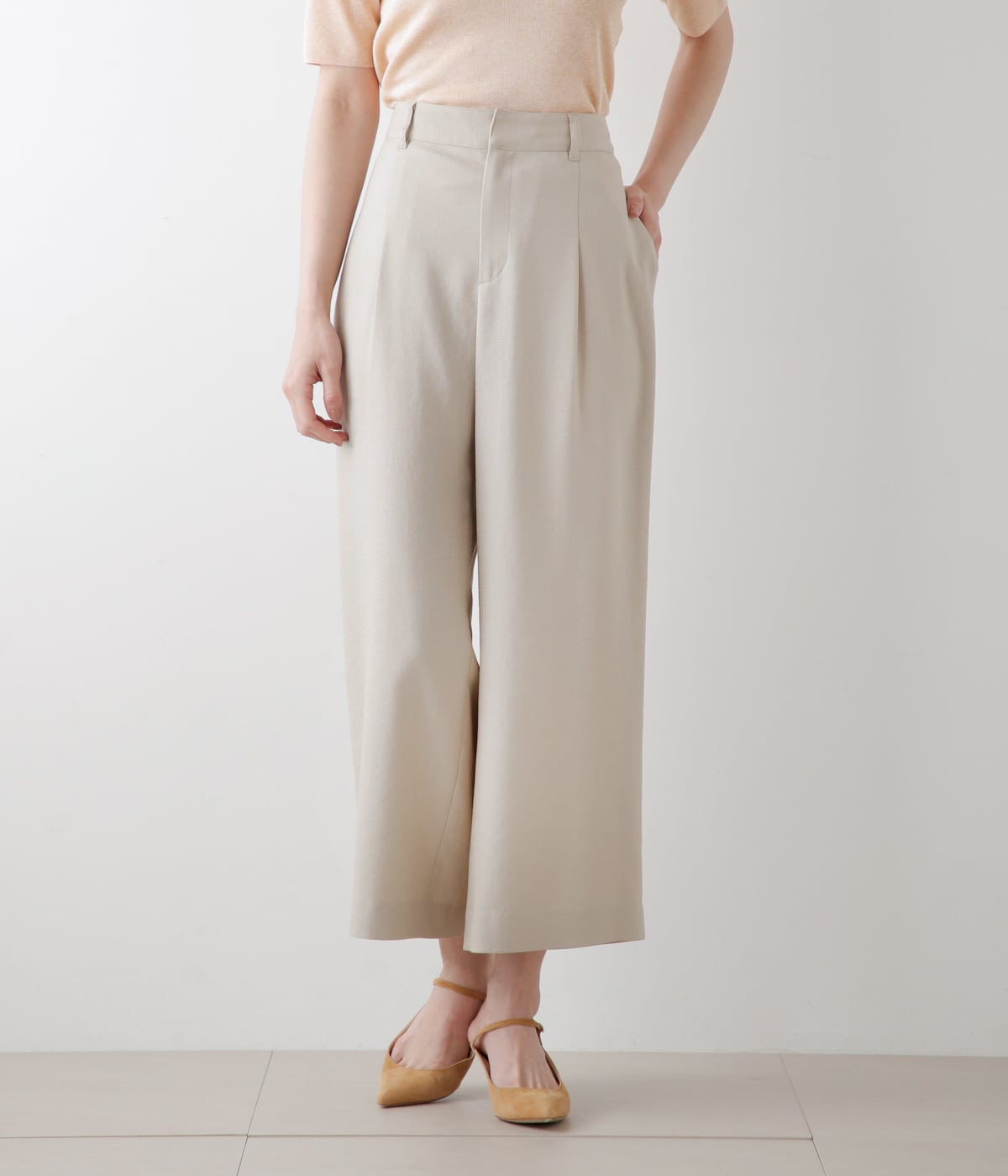 美品】エムアンドキョウコ 麻100％ ガウチョパンツ ベージュ 2 美品