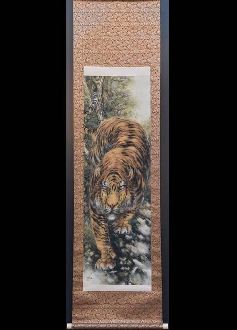 真作】日本画 松原寿石 猛虎図 絹本 掛け軸 大正7年岐阜 MA839