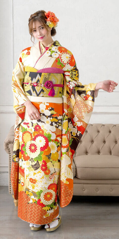 振袖 刺繍 牡丹 桜花 菊花 花吹雪 成人式 晴れの日 着物 075a p 深