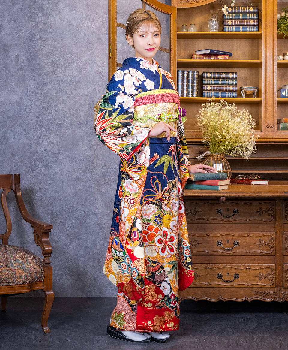 紺地松竹梅に組紐[FS5000] | 成人式振袖レンタル京都さがの館