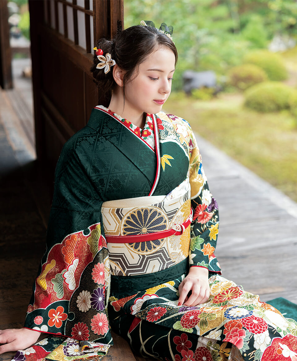 深緑地ヱ霞に菊雪輪[FR5016] | 成人式振袖レンタル京都さがの館