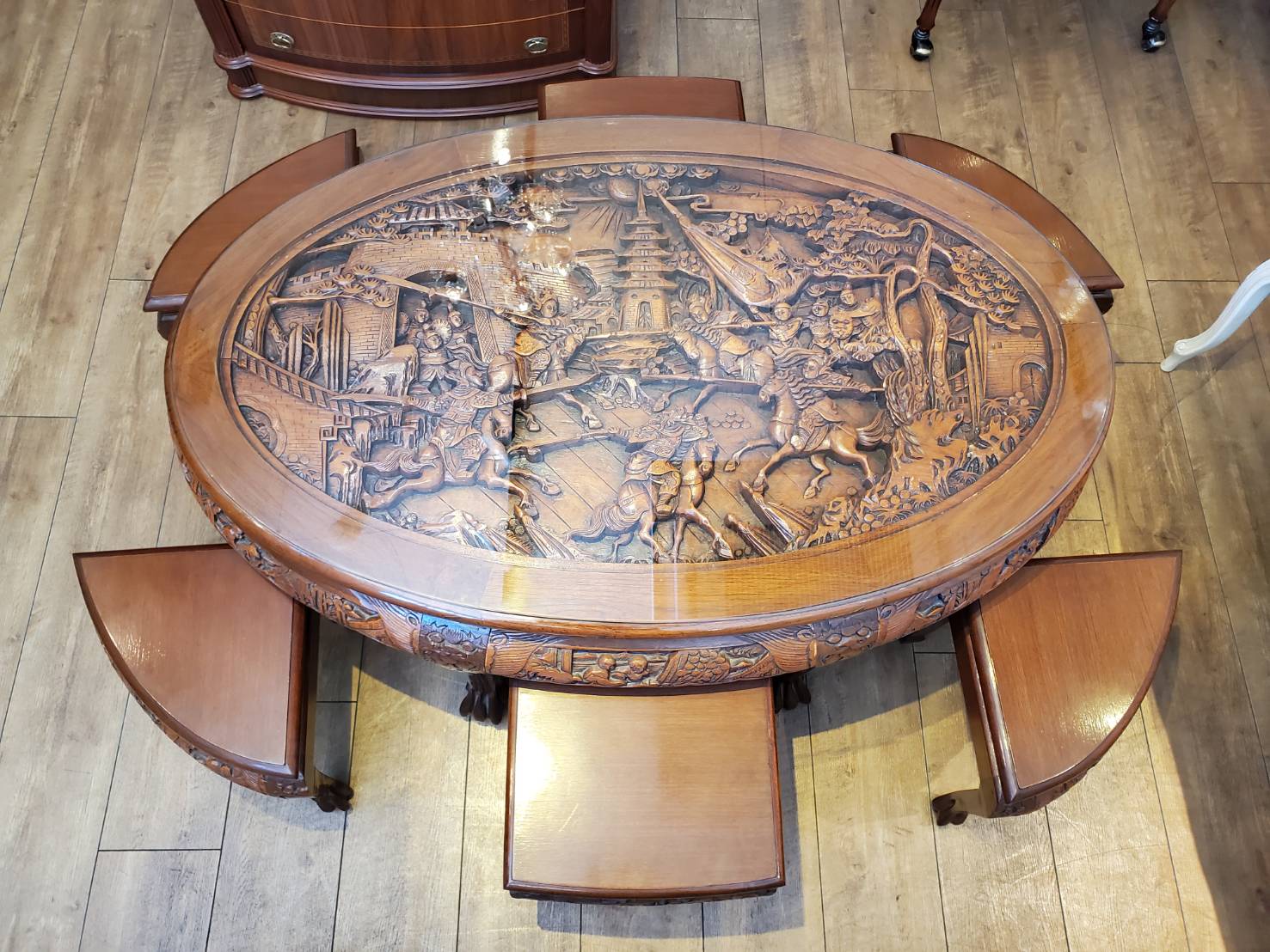 ☆木彫り テーブル＆チェア6脚セット アンティーク調 猫脚 インテリア