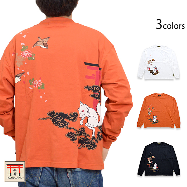 姫と鳥居で待ち合わせビッグロングTシャツ 今昔 KJ-21018 和柄 和風 狐