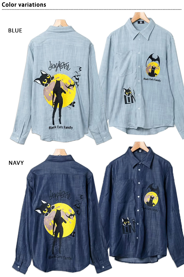 ラミ＆アール BLACK CATS FAMILY総刺繍長袖シャツ LI N AL-75805 黒猫