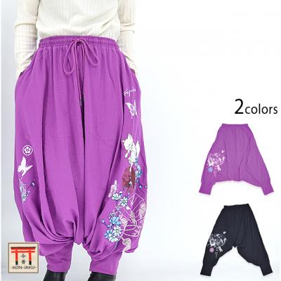 桜と扇子サルエルパンツ 今昔 レディース KJ-29220 和柄 和風 狐