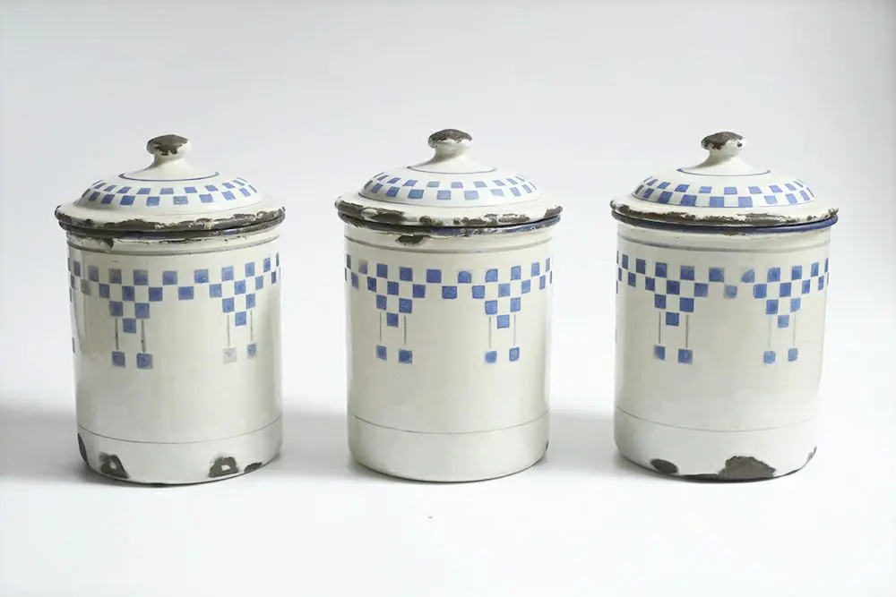 フランス アンティーク ホーロー キャニスター 3個 ブルー オレンジ