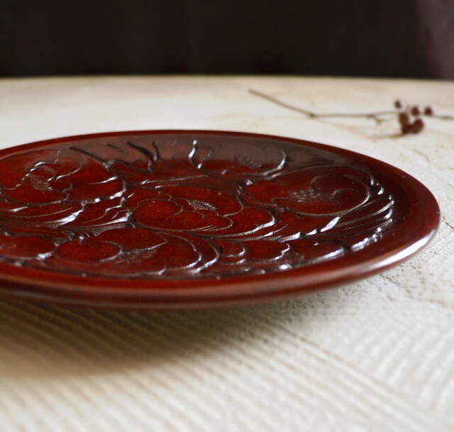 鎌倉彫 博古堂 大型 11寸 35.5㎝ 柿モチーフ 丸皿・丸盆 2025年