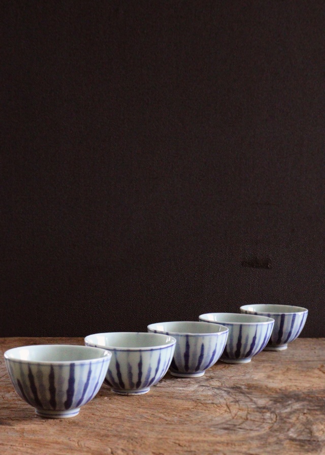 煎茶碗□茶味清風 庫山窯 湯飲み 5客 花唐草紋 染付 煎茶道具 時代物