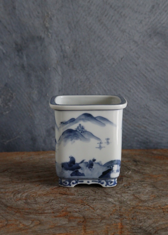 九谷名工 山本長左作 藍九谷 染付 植木鉢 盆栽鉢 筆筒 Sam's Collection