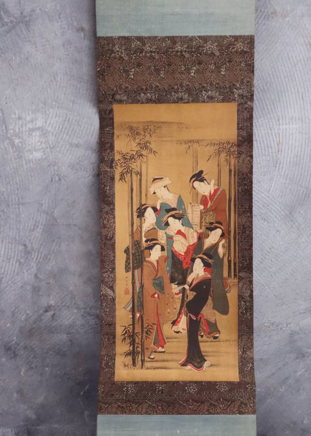 掛軸□春画 日本画 浮世絵 絹本 時代 茶掛け 浮世絵 美術品 骨董品□C