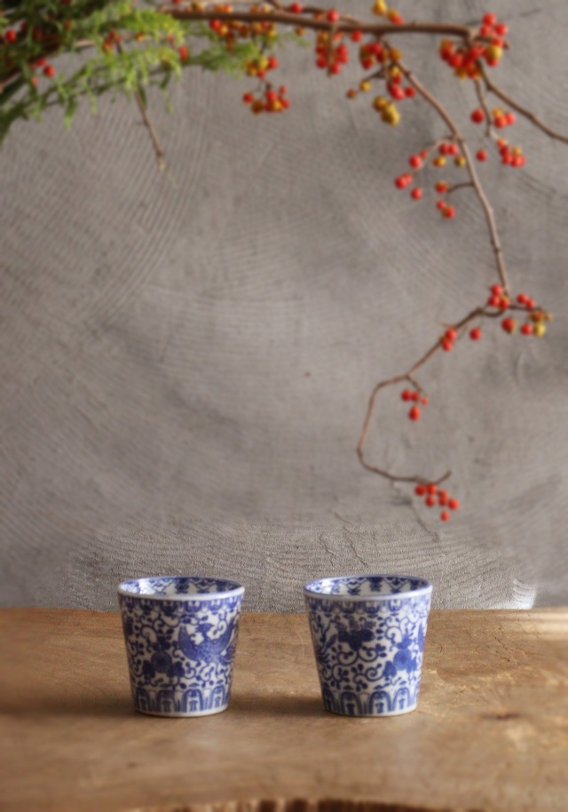 染付印判蕎麦猪口 桐菊唐草鳳凰紋 ソバ猪口 2客 金継Antique Sam's