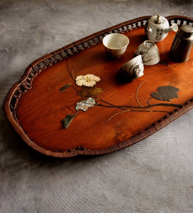 芝山象嵌蒔絵 ムクゲ紋長盆 蒔絵盆籐編 螺鈿 民藝 煎茶盆 民藝