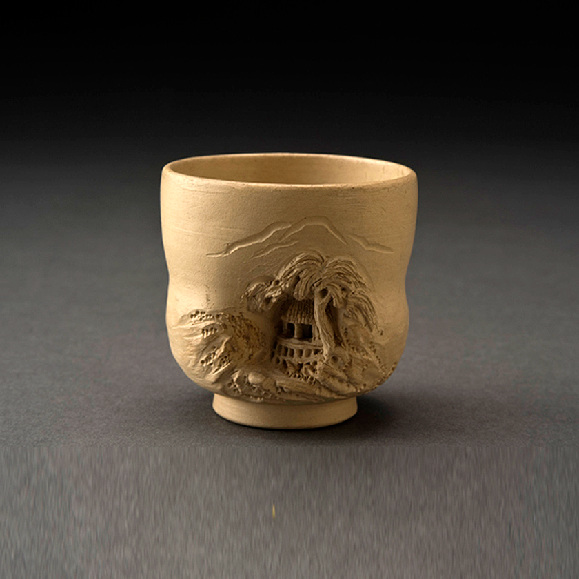 湯飲み□時代物 達摩図緑釉筒茶碗（江戸期）古織部 湯呑 箱入り 時代物