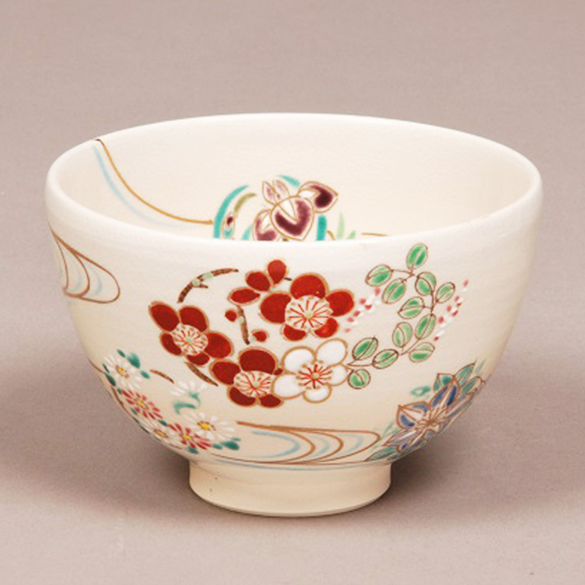 茶道具 茶碗 仁清 色絵 春草 茶碗 京焼 清水焼 山本閑人 阿吽 新品