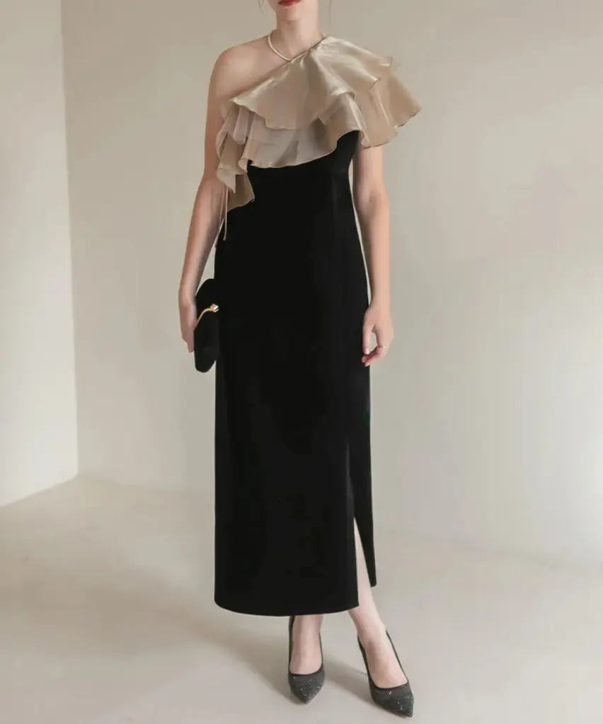 Leja アシンメトリーティアードフリル3WAYベロア｜ラインドレス M