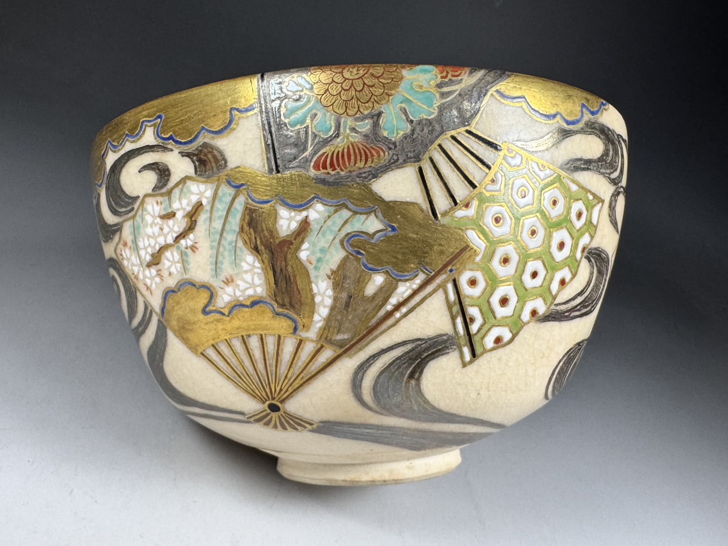 宮川香斎 造 裏千家 十四代 淡々斎 書付 真葛焼 色絵扇面流し 茶碗