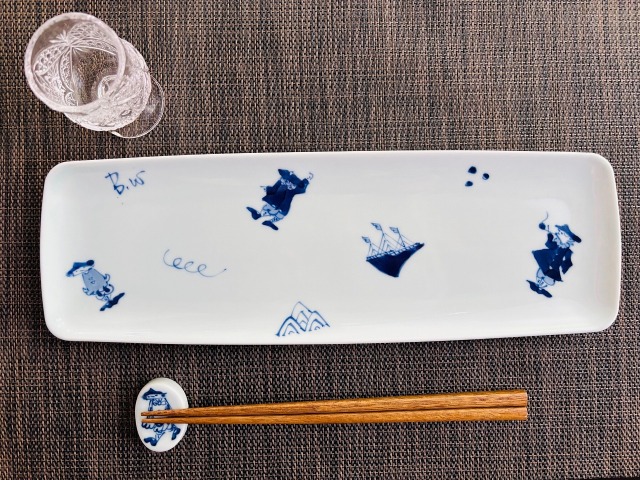 異人づくし長角皿 しん窯青花