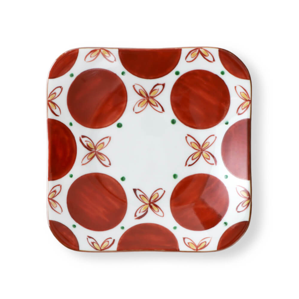 平成伍秀 青とオレンジの花柄八角形皿 平成伍秀 青とオレンジの花柄八