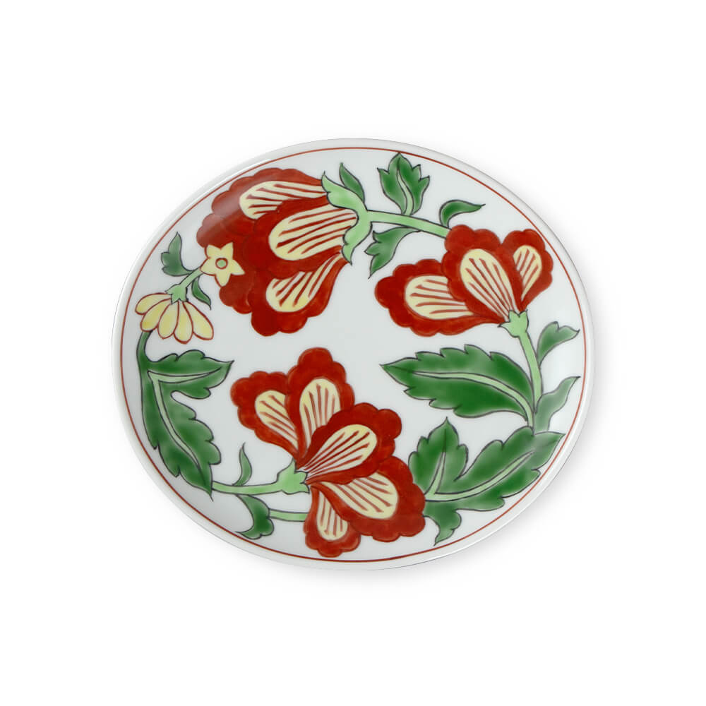 皿□赤絵松竹梅花弁型花唐草紋中皿 花鳥紋(江戸期)古美術 時代物 古い