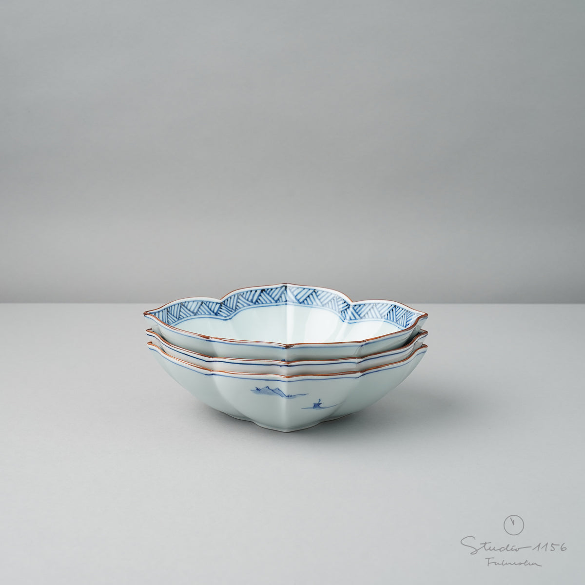 A926-2/小川文斉 造/花文字向付鉢5客/中鉢/盛鉢/飾鉢/