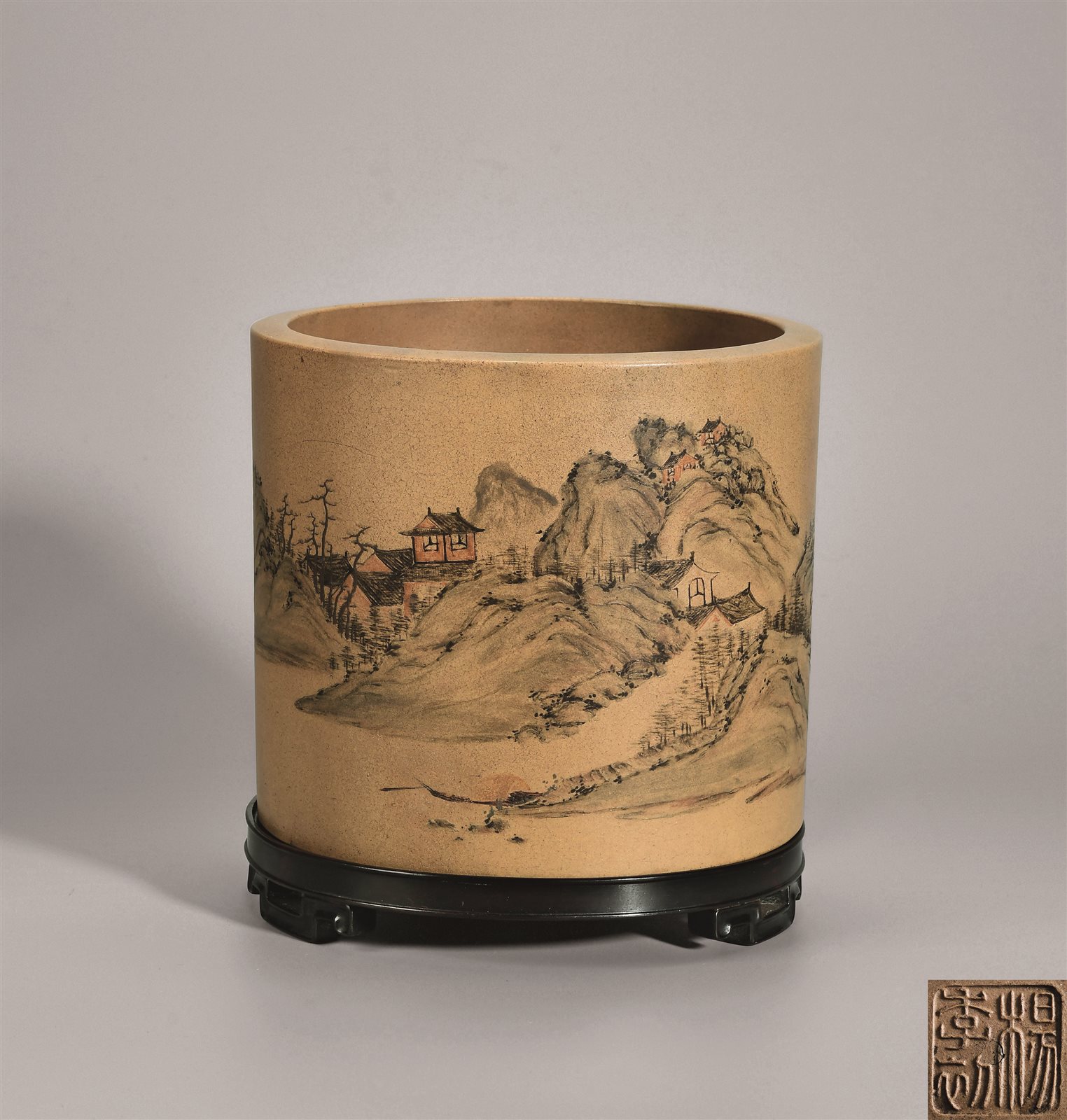 鳳】中国古玩 中国美術 時大彬 山雲刻 朱泥 漢詩 筆筒 検：