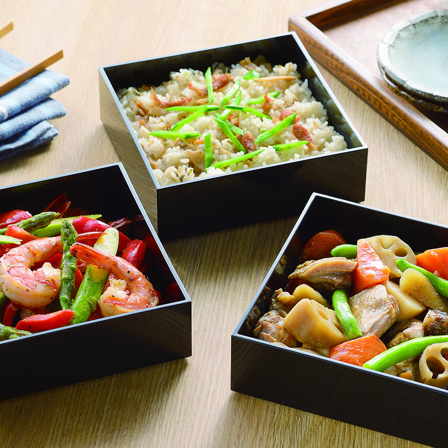 普段使いできる重箱3段(ブラック)ゴムベルト付 D-6592